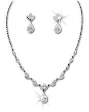 Beautiful Silver-Tone Marquise Cut Cubic Zirconia Necklace Earring Bridal Set