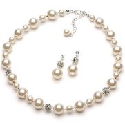 USABride Lustrous Ivory Simulated Pearl & Rhinestone Necklace and Earrings, Bridal Jewelry Set 1360 IV