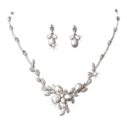 Cubic Zirconia Fresh Water Pearls Floral Vine Necklace Earring Bridal Set