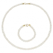 14k Gold Cultured White Pearls Kids Jewelry Set, Necklace and Bracelet for Girls