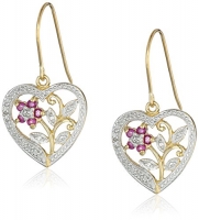 18k Yellow Gold-Plated Sterling Silver, Ruby, and Diamond Accent Heart Earrings