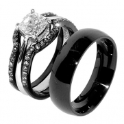 His & Hers 4 PCS Black IP Stainless Steel Wedding Ring Set/Mens Matching Band