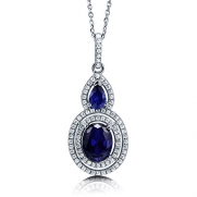 BERRICLE Oval Cut CZ Simulated Sapphire 925 Silver Double Halo Necklace