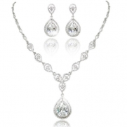 EVER FAITH Wedding Silver-Tone Teardrop Necklace Earrings Set Clear CZ Austrian Crystal N01448-1