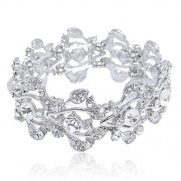 EVER FAITH Bridal Silver-Tone Floral Leaf Elastic Bracelet Clear Austrian Crystal N02993-1
