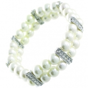 Double Strand 8mm White Faux Pearl Stretch Bracelet with Rhinestones - Bridal Jewelry