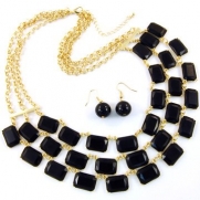 Goldtone with Black Jewel Three Line Rectangle Style Necklace and Earrings Set Fashion Jewelry