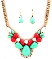 Coral-tone and Mint Multi Colored Teardrop Stones and Crystals Goldtone Chain Link Necklace and Earring Set Fashion Jewelry