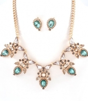Goldtone with Multi Colored Green Crystals Teardrop Floral Statement Necklace and Earring Set