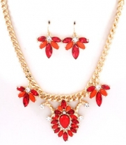 Gold with Red Tone Jewels and Clear Crystals Necklace and Earring Set Fashion Jewelry