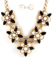 Exquisite Goldtone and Black with Pearltone and Clear Crystals Flower Statement Necklace and Earring Set