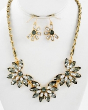 Goldtone with Clear and Gray Black Crystal Flower Statement Necklace and Earring Set