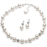 USABride Lustrous White Simulated Pearl & Rhinestone Necklace and Earrings, Bridal Jewelry Set 1360 WH