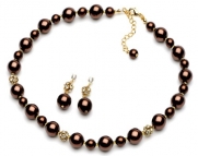 USABride Lustrous Brown Simulated Pearl & Rhinestone Necklace & Earrings, Bridal Jewelry Set 1360 BR