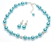 USABride Lustrous Aqua Simulated Pearl & Rhinestone Necklace & Earrings, Bridal Jewelry Set 1360 AQ