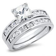 Sterling Silver Cubic Zirconia 2.8 Carat tw Princess Cut CZ Wedding Engagement Ring Set Sz 10