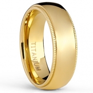Gold Plated Titanium Wedding Band Engagement Ring, Milgrain Edges Comfort Fit, 7mm Size 9
