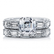 BERRICLE Asscher CZ 925 Sterling Silver 2Pc Art Deco Engagement Wedding Ring Band Set 3 ct.tw Size 4