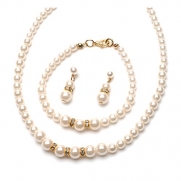 USABride Simulated Pearl & Gold-Tone Rhinestone Rondelle Jewelry Set, Necklace Bracelet & Earrings 549-G