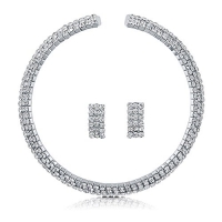 BERRICLE Silvertone Rhinestone 3-Row Choker Bridal Necklace Earrings 2-pcs Set