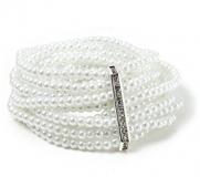 8 Layer White Faux Pearl with Silver Crystal Rhinestone Stretch Bracelet - Bridal Jewelry