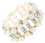 Ivory Faux Pearl and Gold Plated Rhinestone Stretch Bracelet - Cream Bridal Jewelry