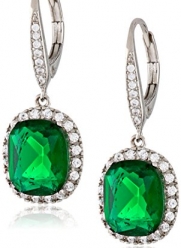 Nina Cushion Cut with Halo on Emerald Leverback Drop Earrings