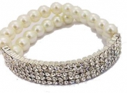 Flashy Rhinestone Bar and Cream Faux Pearl Stretch Bracelet - Cream Formal Jewelry