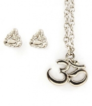 Mini Silvertone Om Pendant Necklace and Earring Set Fashion Jewelry