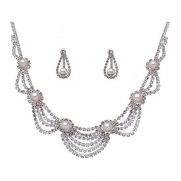 ACCESSORIESFOREVER Women Bridal Wedding Prom Fashion Jewelry Set Crystal Rhinestone Pearl Elegant Classy Necklace