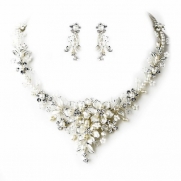 Silver-tone White Flower Freshwater Pearls Bridal Necklace Earring Set