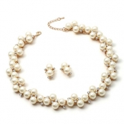 Cubic Zirconia Simulated Ivory Pearls Gold-tone Bridal Necklace Earrings Set