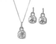 USABride Cushion Cut Cubic Zirconia Necklace & Earrings, CZ Bridal Jewelry Set 1610