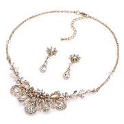 USABride Gold-Tone Rhinestone & Crystal Necklace & Earrings, Floral Bridal Jewelry Set 1598-G