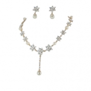 Gold-tone Cubic Zirconia Ivory Simulated Pearl Bridal Necklace Earring Set
