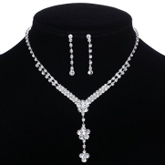 Yazilind Clear Crystal Silver Plated Flower Y-Shaped Bridal Jewelry Sets Necklace and Earrings