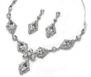 USBride Silver-Tone Vintage Rhinestone Necklace & Earrings, Bridal Jewelry Set 618