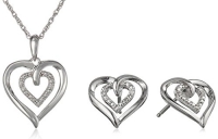 Sterling Silver and Diamond Heart Pendant Necklace and Earrings Box Set (.03 cttw, I-J Color, I2-I3 Clarity)