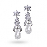 Bling Jewelry CZ Shell Pearl Teardrop Bridal Chandelier Earrings Art Deco Style Rhodium Plated