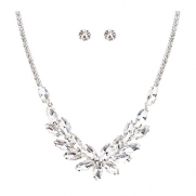 ACCESSORIESFOREVER Women Bridal Wedding Prom Fashion Jewelry Set Crystal Rhinestone Marquise Shape Design Necklace Silver