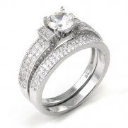 Sterling Silver Cubic Zirconia 2.1 Carat tw Round Cut CZ Pave Wedding Engagement Ring Set, Nickel Free Sz 5