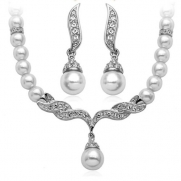 Women Jewelry Elegant Design White Pearl Cubic Zirconia Crystals Necklace and Earring Set S111