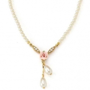 Bridal Pink Porcelain Rose and Simulated Pearl Necklace