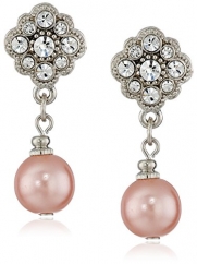 1928 Jewelry Silver-Tone Simulated Pink Pearl and Crystal Drop Earrings