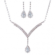ACCESSORIESFOREVER Bridal Wedding Prom Jewelry Set Necklace Earring Crystal Rhinestone LG V Drop Silver
