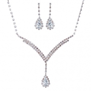 ACCESSORIESFOREVER Bridal Wedding Prom Jewelry Set Necklace Earring Crystal Rhinestone LG V Drop Silver