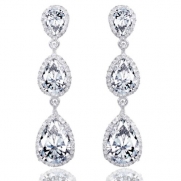 EVER FAITH Bridal Silver-Tone 3 CZ Teardrop Dangle Earrings Clear Austrian Crystals Q00055-1