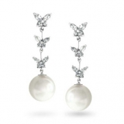 Bling Jewelry White Simulated Pearl CZ Butterfly Drop Earrings Rhodium Plated