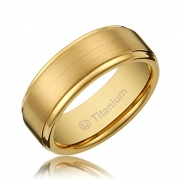 8MM Men's Titanium Gold-Plated Ring Wedding Band with Flat Brushed Top and Polished Finish Edges [Size 7]