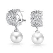 Bling Jewelry Victorian Style CZ Half Hoop Omega Clip Earrings Simulated Pearl Rhodium Plated